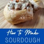 Bread bowl with chicken soup and text how to make sourdough bread bowls.