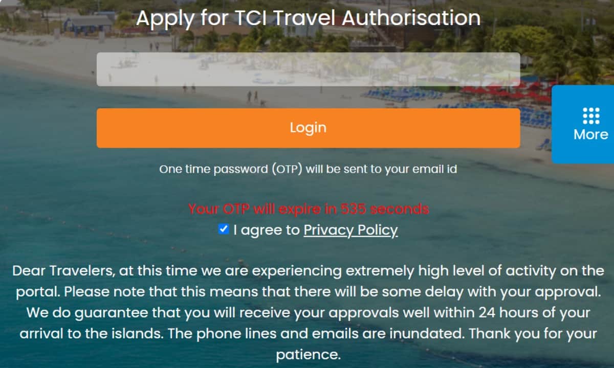 TCI authorization screen to enter one time password with seconds remaining countdown.