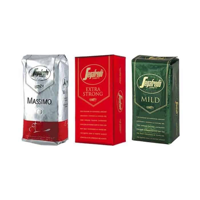 Three bags of Segafredo whole bean espresso varieties.