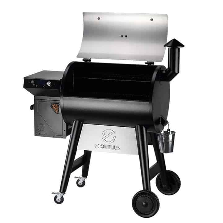 Z Grills pellet grill from the front with the lid open on a white background.