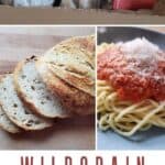 Collage with subscription box loaf of sliced bread and pasta with text Wildgrain the carb subscription box.