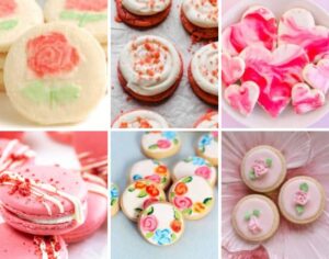 Collage of six types of pink cookies for Mother's Day.