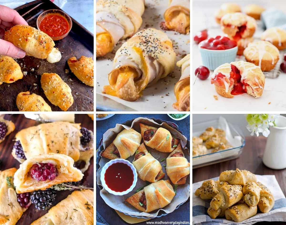 Stuffed crescent rolls collage of six images.