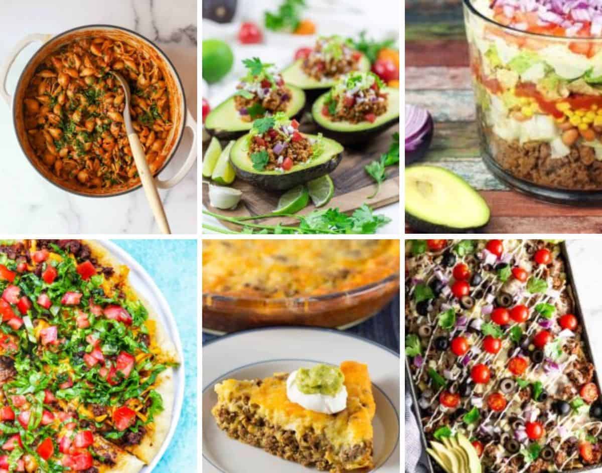 Collage of six recipe photos showing different recipes for leftover taco meat.