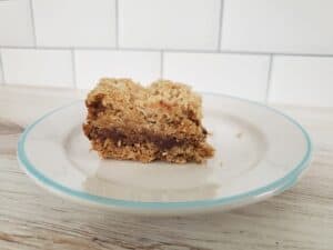 Chocolate crumb bar sitting on a plate.