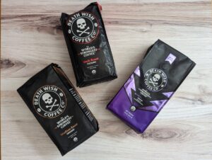 Overhead shot of 3 Death Wish coffee bags.