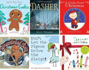 Image shows a collage of six little kid Christmas book covers.