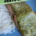 Image shows an Overhead of salmon with text super simple pesto salmon.