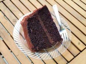 Image shows a slice of moist chocolate cake served on a plate with a fork.
