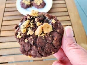 Image shows delicious chewy s'mores cookies with a platter full of cookies in the background.