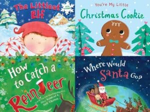 Image shows a collage of four Christmas book covers aimed at toddlers.