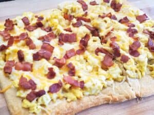 Image shows breakfast pizza recipe.