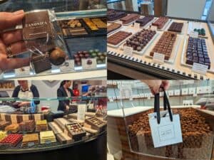 Image shows a collage of images from a chocolae shop.
