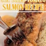 Image shows a fork cutting into creamy sun-dried tomato salmon.