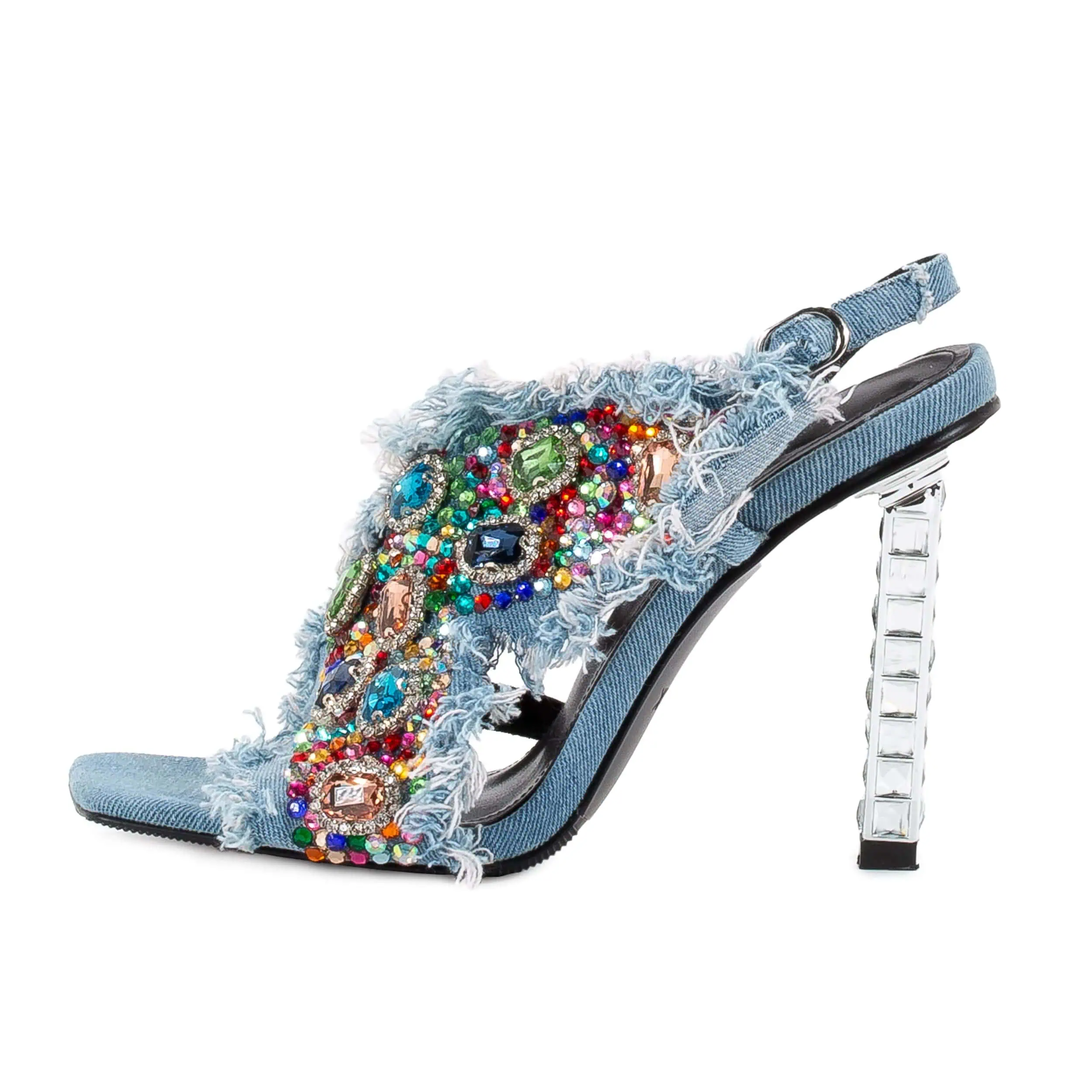 side view of The Doris Sailor Denim Stiletto with Colorful Diamonds