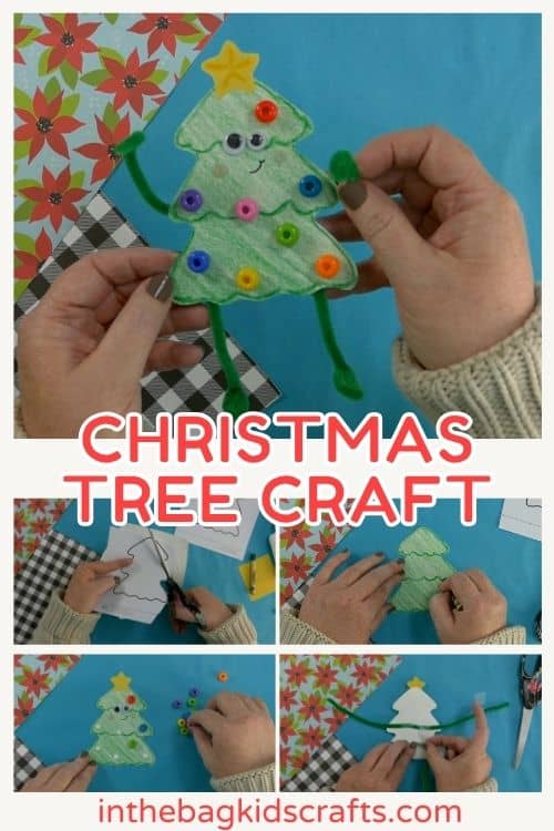 A completed Christmas tree craft made with green paper, colorful beads, pipe cleaners, and a star topper, perfect as an easy craft for kids and a festive Christmas tree craft. 