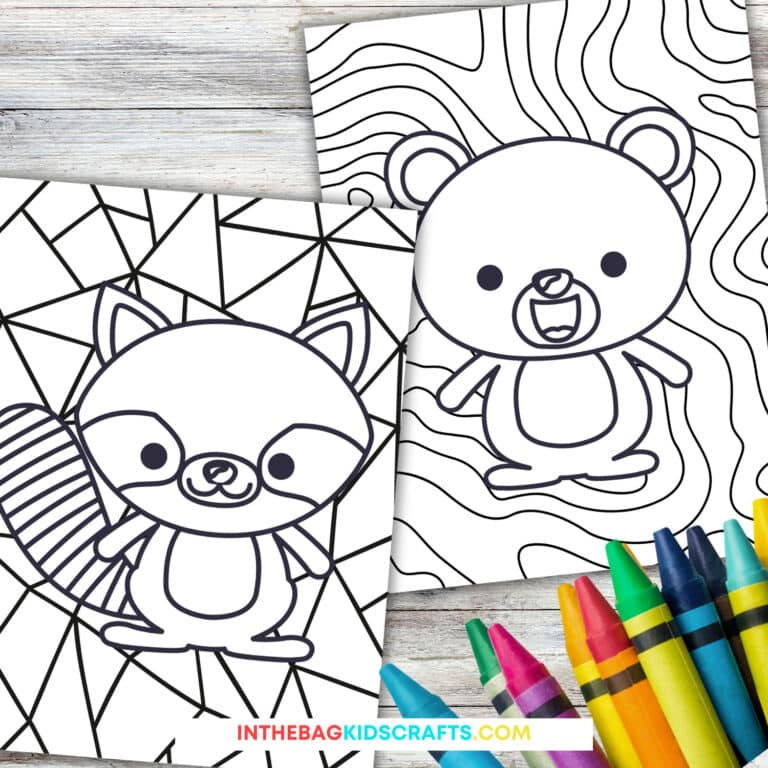 Two woodland animal designs on free printable coloring pages for kids, featuring a raccoon and a bear with bold patterns, perfect for a woodland animal craft and fine motor activity.