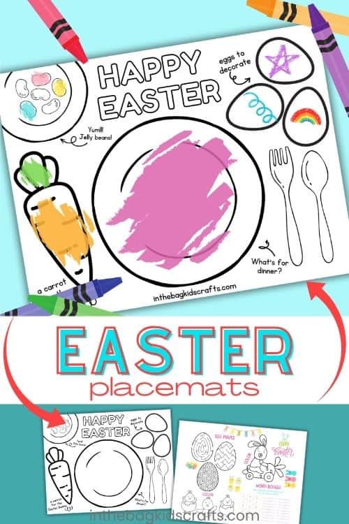 A black-and-white Easter placemat featuring a fun Easter activity for kids, including coloring sections, word games, and festive illustrations of eggs, animals, and holiday-themed designs.