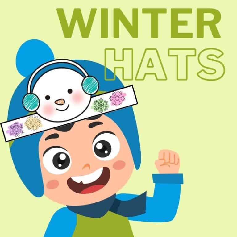 A cheerful cartoon child wearing a colorful headband featuring PRINTABLE WINTER HATS, designed as a fun and festive WINTER CRAFT FOR KIDS with a snowman and snowflake decorations.