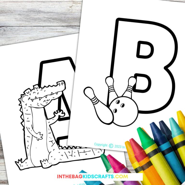 An image featuring black-and-white alphabet letters with playful illustrations, crayons, and colorful designs, perfect for a preschool craft, fine motor activity, free coloring pages, and an engaging alphabet activity as a learning tool.