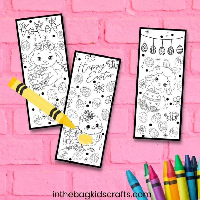 A set of three Easter bookmarks with cute holiday-themed designs, shown partially colored with crayons, making a fun coloring activity for kids.