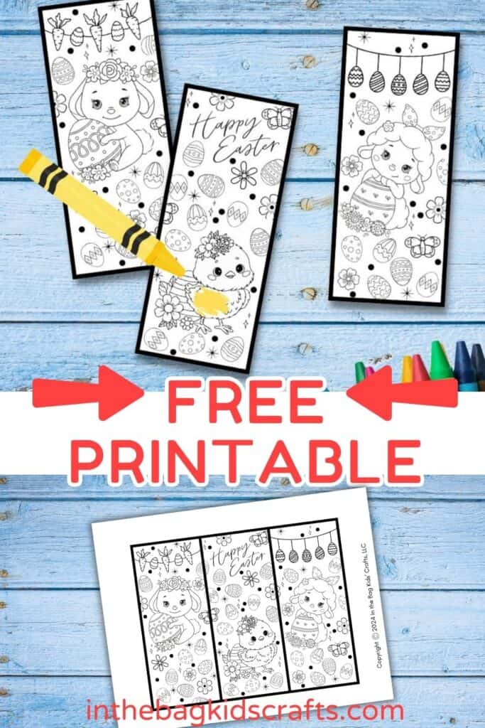 A set of three Easter bookmarks with cute holiday-themed designs, shown partially colored with crayons, making a fun coloring activity for kids