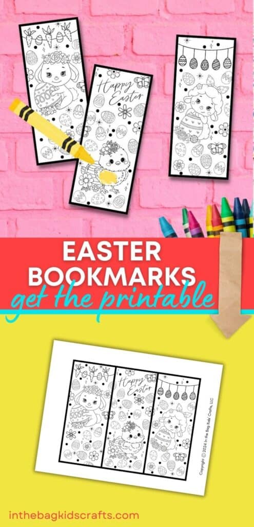 A set of three Easter bookmarks with cute holiday-themed designs, shown partially colored with crayons, making a fun coloring activity for kids