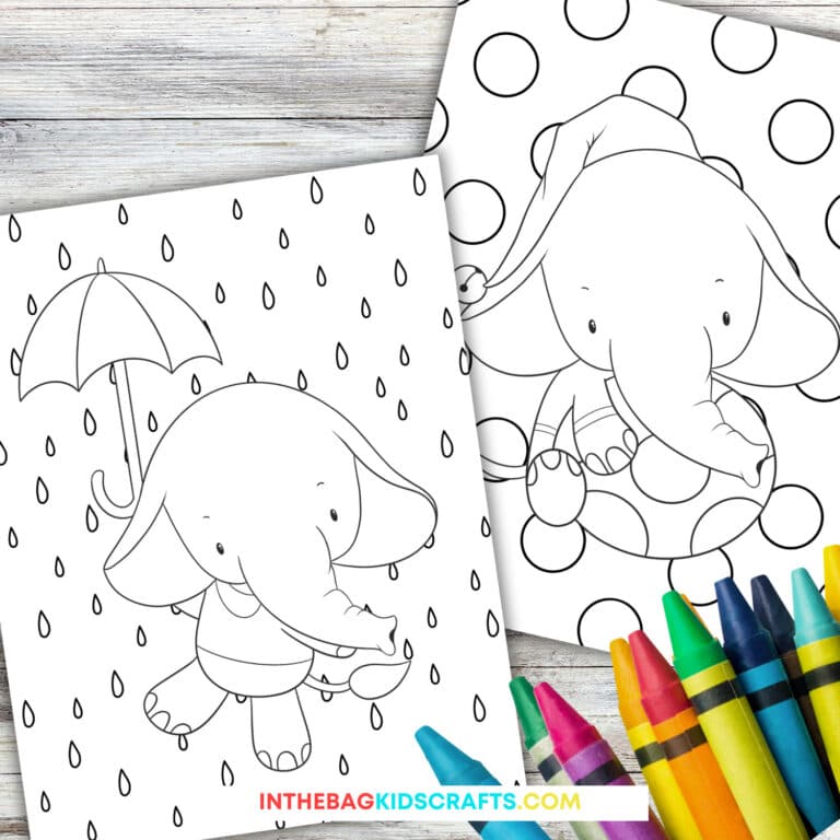 An illustration of free printable elephant coloring pages for kids, featuring cute elephant designs perfect for an easy craft and fine motor activity.