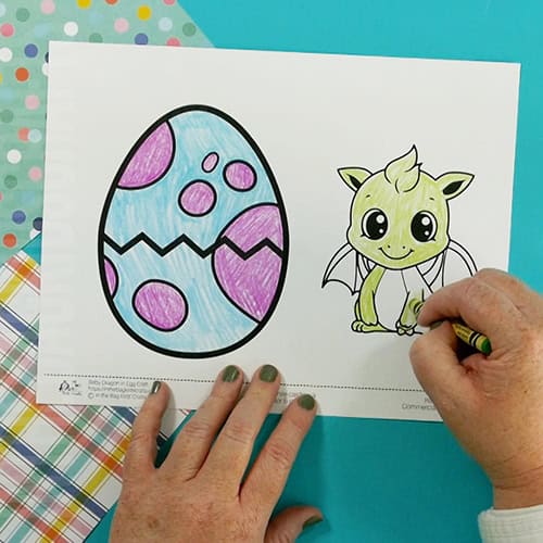 Baby Dragon Craft Printable for kids step 1 coloring the dragon and egg 