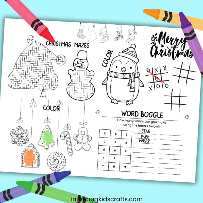 An engaging free printable Christmas placemat featuring fun games and activities, perfect as an easy craft for kids, a festive preschool craft, and a holiday-themed Christmas activity. Back of the placemat with games.