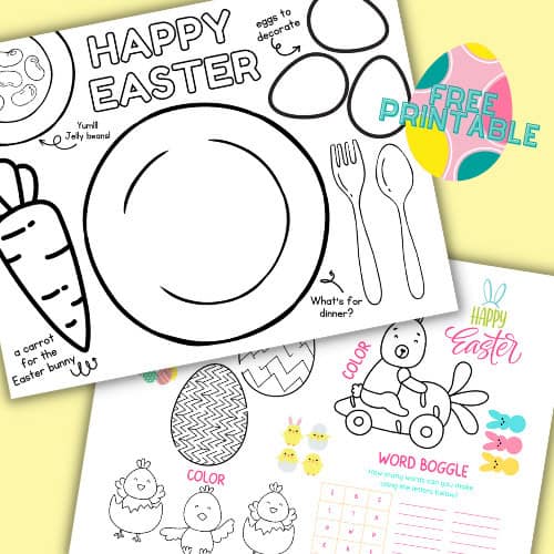 A black-and-white Easter placemat featuring a fun Easter activity for kids, including coloring sections, word games, and festive illustrations of eggs, animals, and holiday-themed designs.