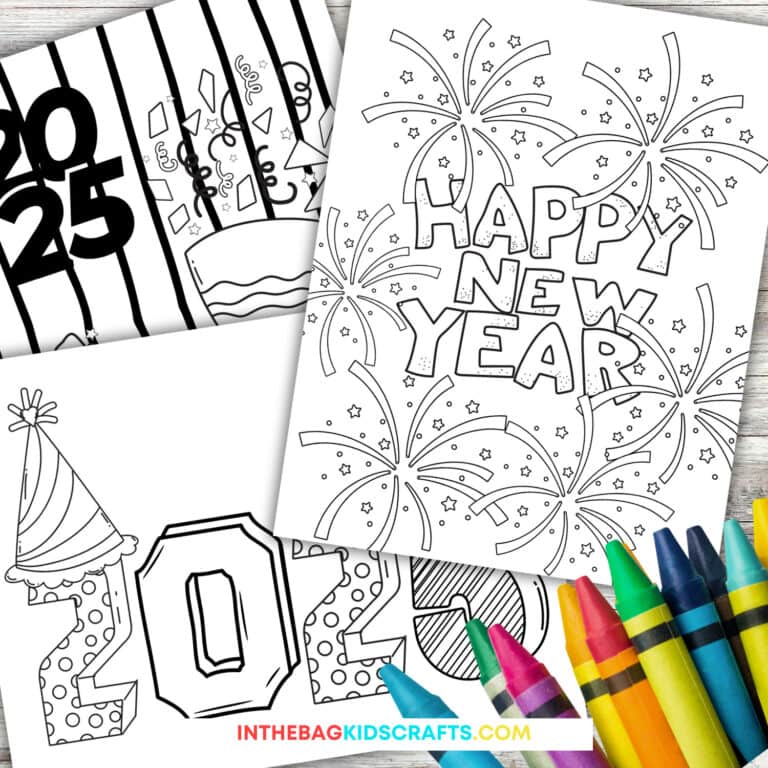 A set of festive 2025-themed free coloring pages featuring New Year's craft designs, perfect as a fine motor activity for kids.