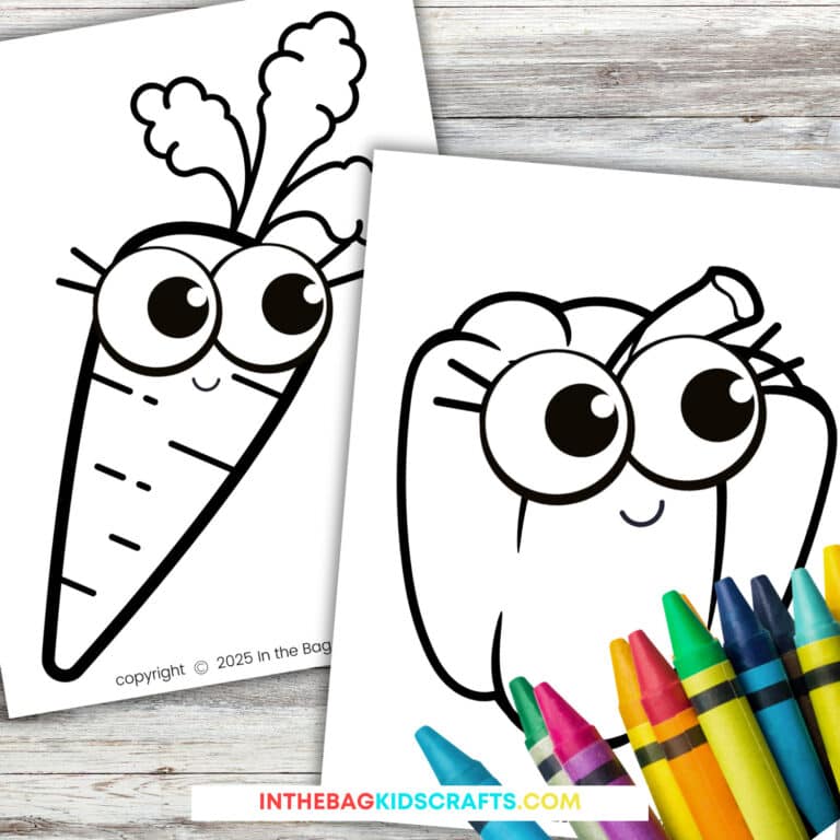 A set of cute vegetable coloring pages featuring a smiling carrot and bell pepper with large cartoon eyes, alongside colorful crayons on a wooden background.