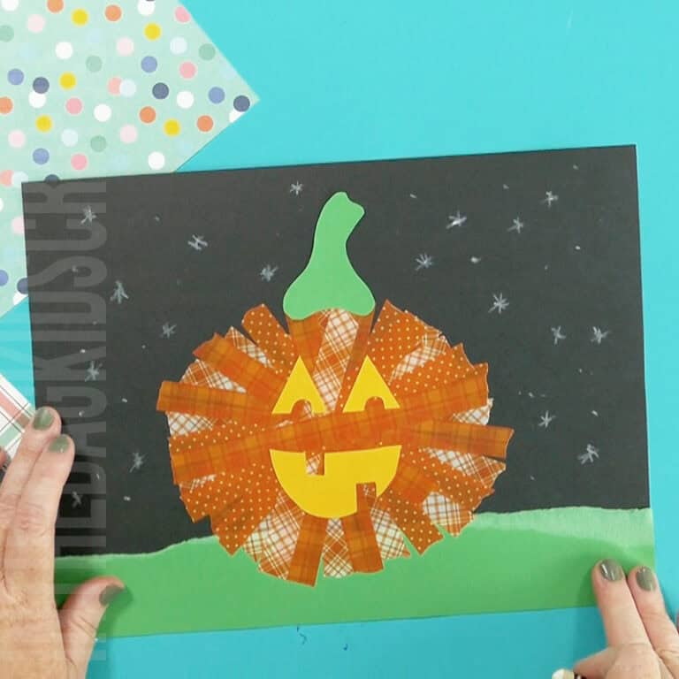 An image showing an easy pumpkin craft for preschoolers made with washi tape, designed as a fun fall craft and fine motor activity.