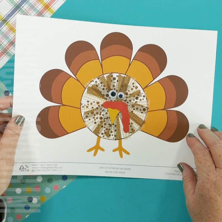 An image showing a preschool Thanksgiving turkey craft, designed as a fun and easy fine motor activity for kids.