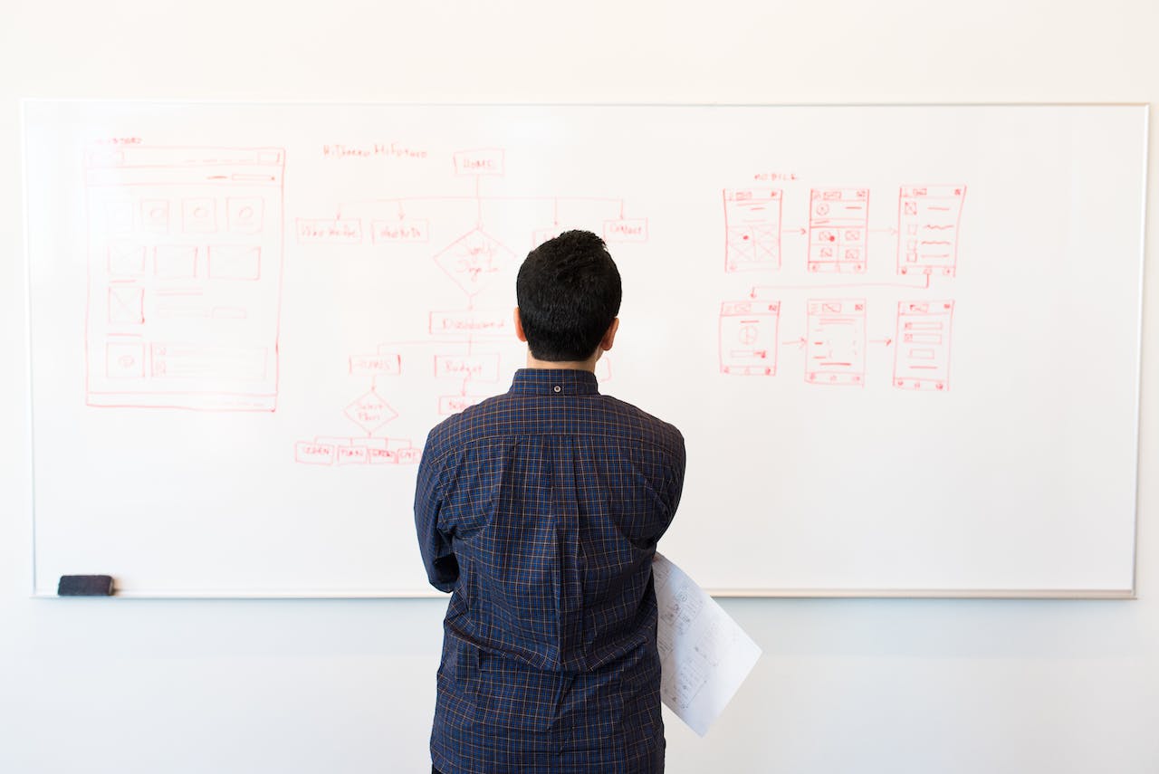 man looing at marketing data on the board