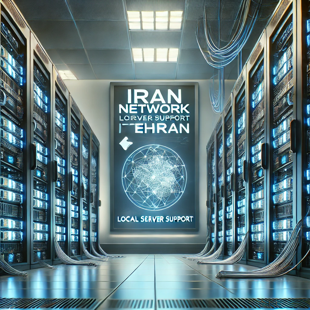 تاق سرور پیشرفته با لوگوی "irannetwork" و تجهیزات شبکه، نشاندهنده خدمات پشتیبانی سرور در تهران