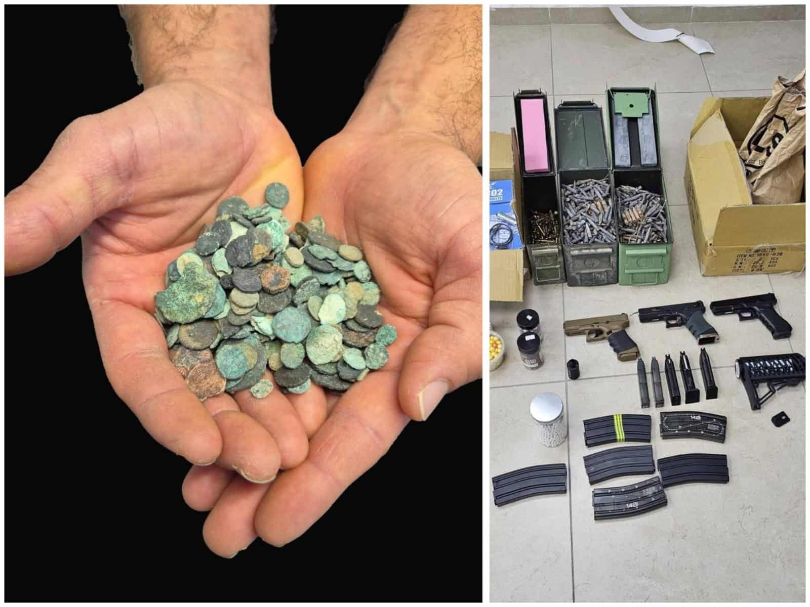 תמונה משולבת של ידיים מחזיקות עשרות מטבעות עתיקים בצד שמאל, ולצדן כלי נשק, תחמושת וקופסאות עם פריטים ממתכת שנתפסו בפשיטה משטרתית בדימונה