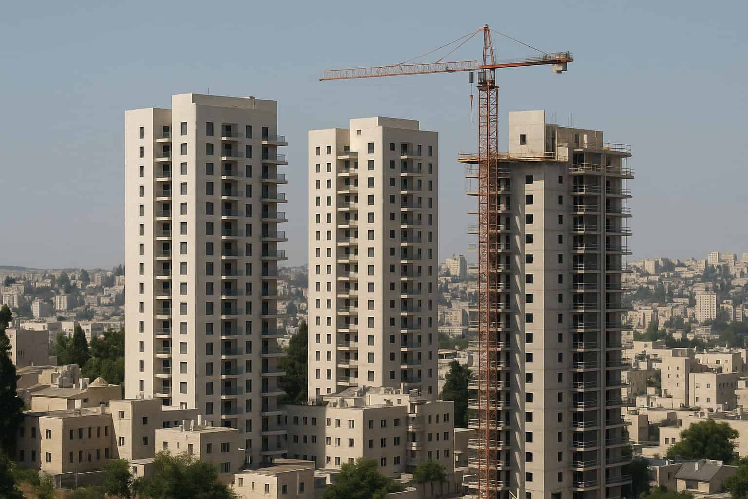 שלושה מגדלים חדשים בלב שכונת מגורים ירושלמית, אחד מהם בבנייה, ברקע קו הרקיע של העיר