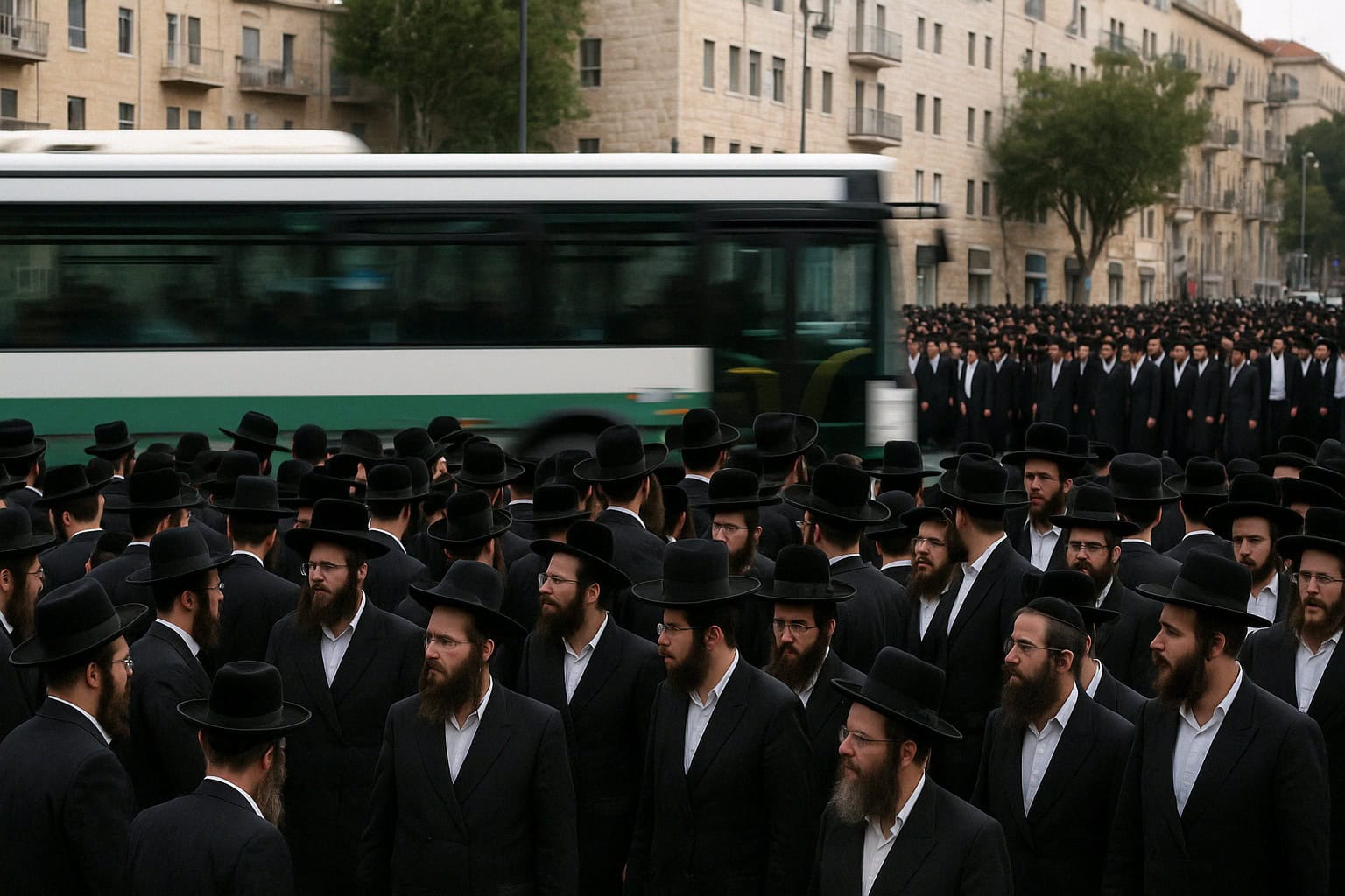 עשרות נוסעים ממתינים בתחנת אוטובוס צפופה בשכונה חרדית בירושלים, ברקע אוטובוס מלא שאינו עוצר
