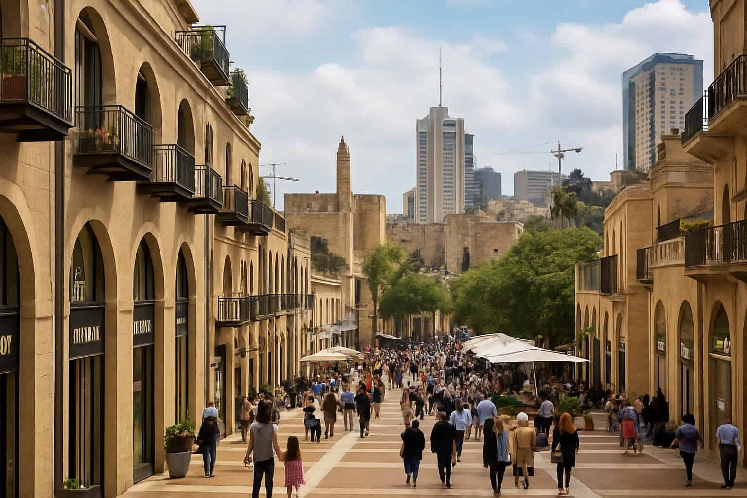 מבט רחב על שדרת ממילא בירושלים, עם חנויות יוקרה, תיירים ונוף לעיר העתיקה