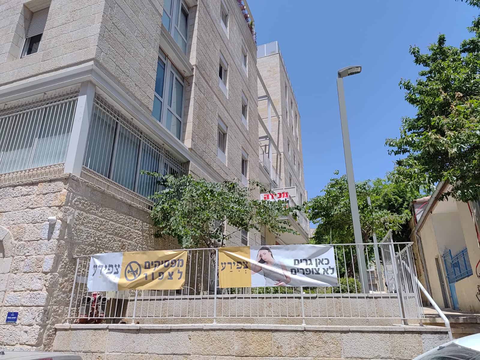 שלטים נגד צפירות רכבים תלויות על מעקה בניין מגורים בירושלים