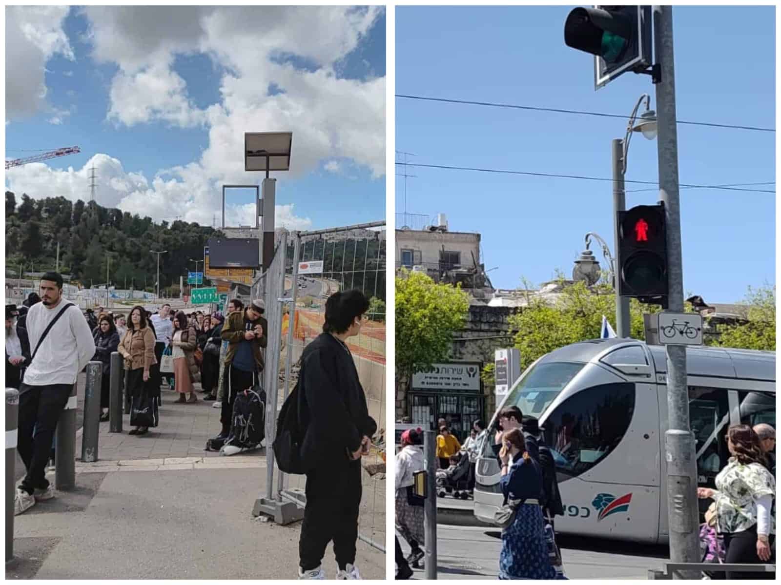 השבתת הרכבת הקלה בירושלים. בצד אחד אנשים ממתינים ברציף עם רמז לעבודות תשתית, ובצד שני קרון רכבת קלה עומד ברמזור.