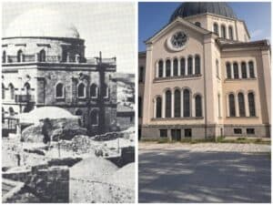 בית הכנסת תפארת ישראל ההיסטורי בירושלים לצד הדמיה אדריכלית של מבנה דומה