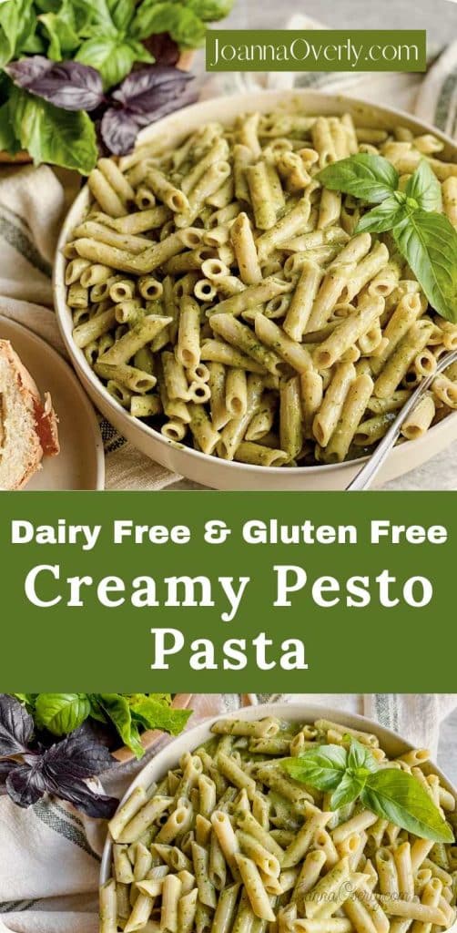 pinterst image showing bowls of dairy free gluten free creamy pesto penne pasta noodles topped with green sauce
