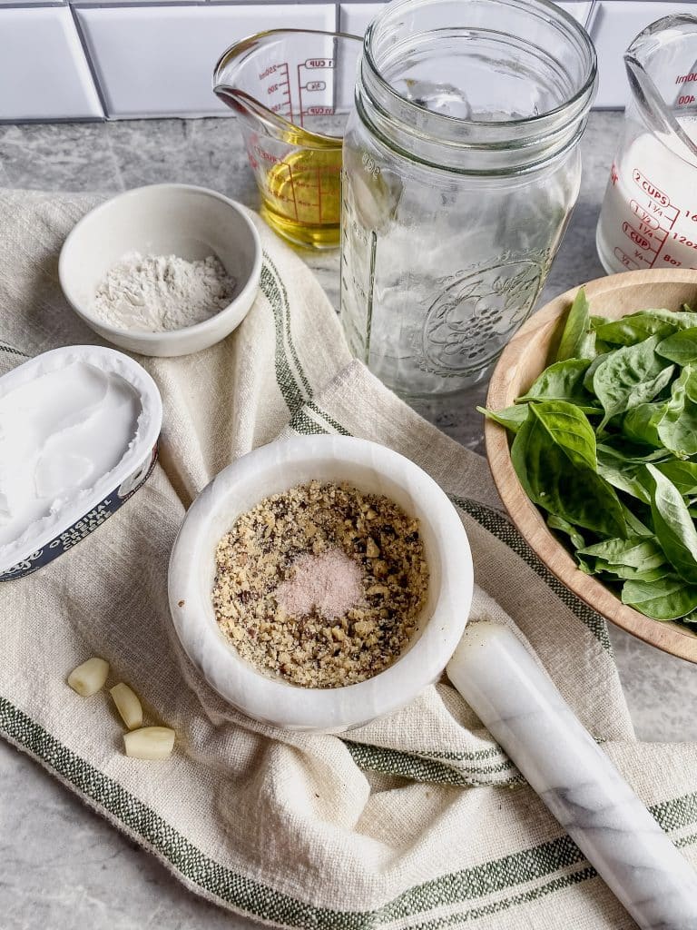 how to make a dairy free pesto sauce with a pestle and mortar