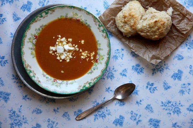 Curried Sweet Potato Soup with Goat Cheese Biscuits