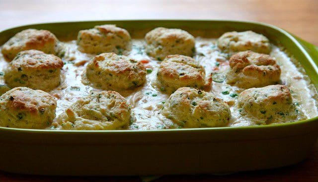 CHICKEN POT PIE WITH CREAM CHEESE AND CHIVE BISCUITS