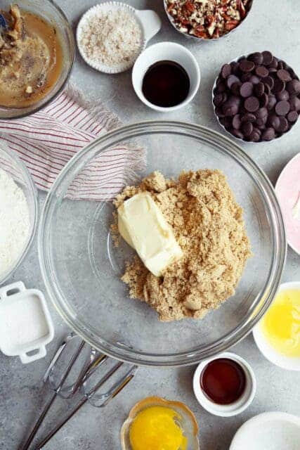 Creaming buttter and sugar for brown butter chocolate chip cookies.