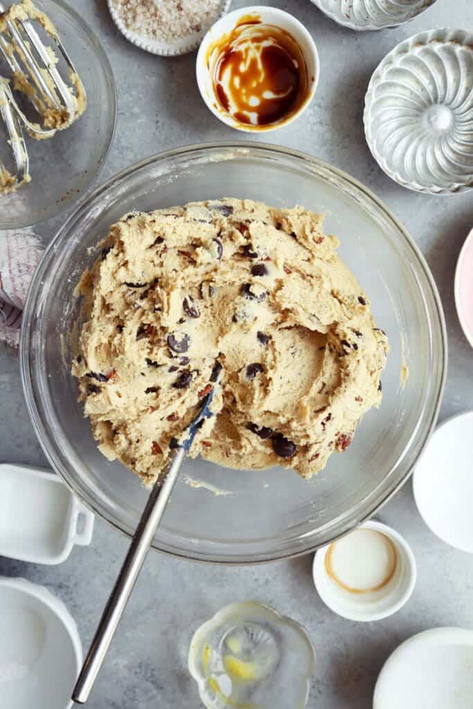 Bowl of brown butter chocolate chip cookies.